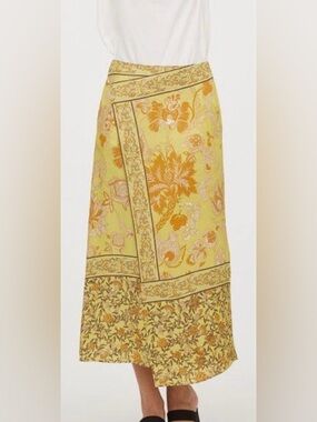H&M Floral Midi Skirt Yellow Wrap Style High Waist Women’s Size 6